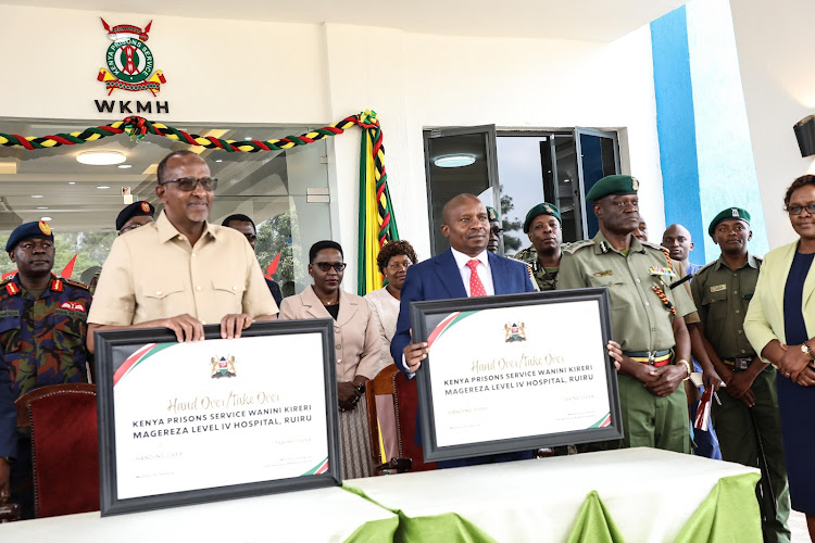 Defence CS Aden Duale hands over Kenya Prisons Service Wanini Kireri Magezera Level IV Hospital to Interior and National Administration CS Prof Kithure Kindiki on may 17, 2024.