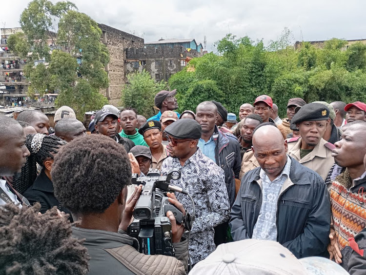 Interior Principal Secretary Raymond Omollo visits Kiamaiko Ngundu area residents amid the ongoing demolition, May 4, 2024.