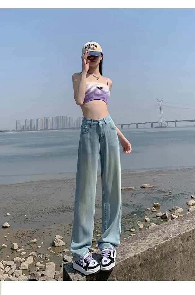 Jeans de pierna ancha para mujer, cintura alta, adelgazantes, drapeados, finos, sueltos, seda de hielo rectos. Comodidad y estilo.