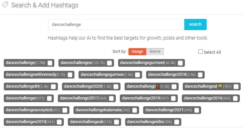 related hashtags to dance challenges with their volume of search