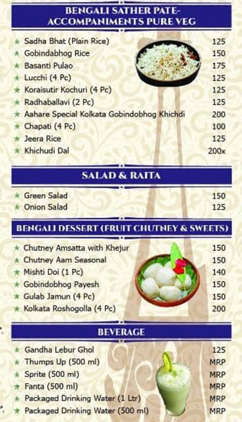 Aahare Kolkata menu 