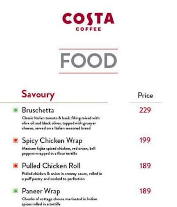 Costa Coffee menu 