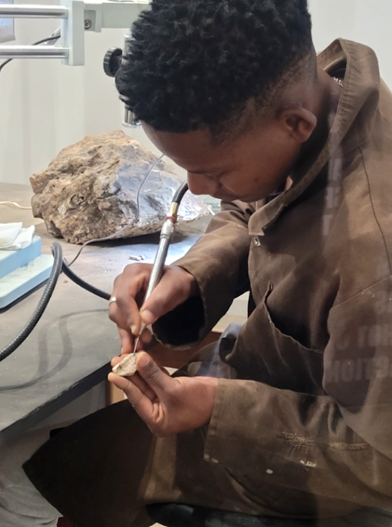 Piet Matshinise undertaking the slow task of preparing a fossil in the Malapa Museum.