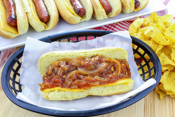 Hot dogs with sweet onion and capsicum relish