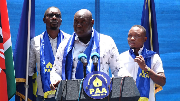Pamoja African Alliance party spokesman Lucas Maitha with PAA youth league president Samir Nyundo and other officials during a press conference at the PAA offices in Kilifi on Wednesday, March 2.