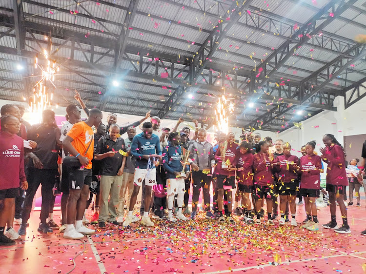 Nairobi City Thunder and Zetech Sparks celebrate after being crowned winners of the Eliud Owalo basketball tournament on May 12, 2024.