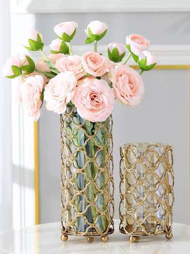 Title 3, Hollow Out Glass Vase with Golden Metal Flower ...
