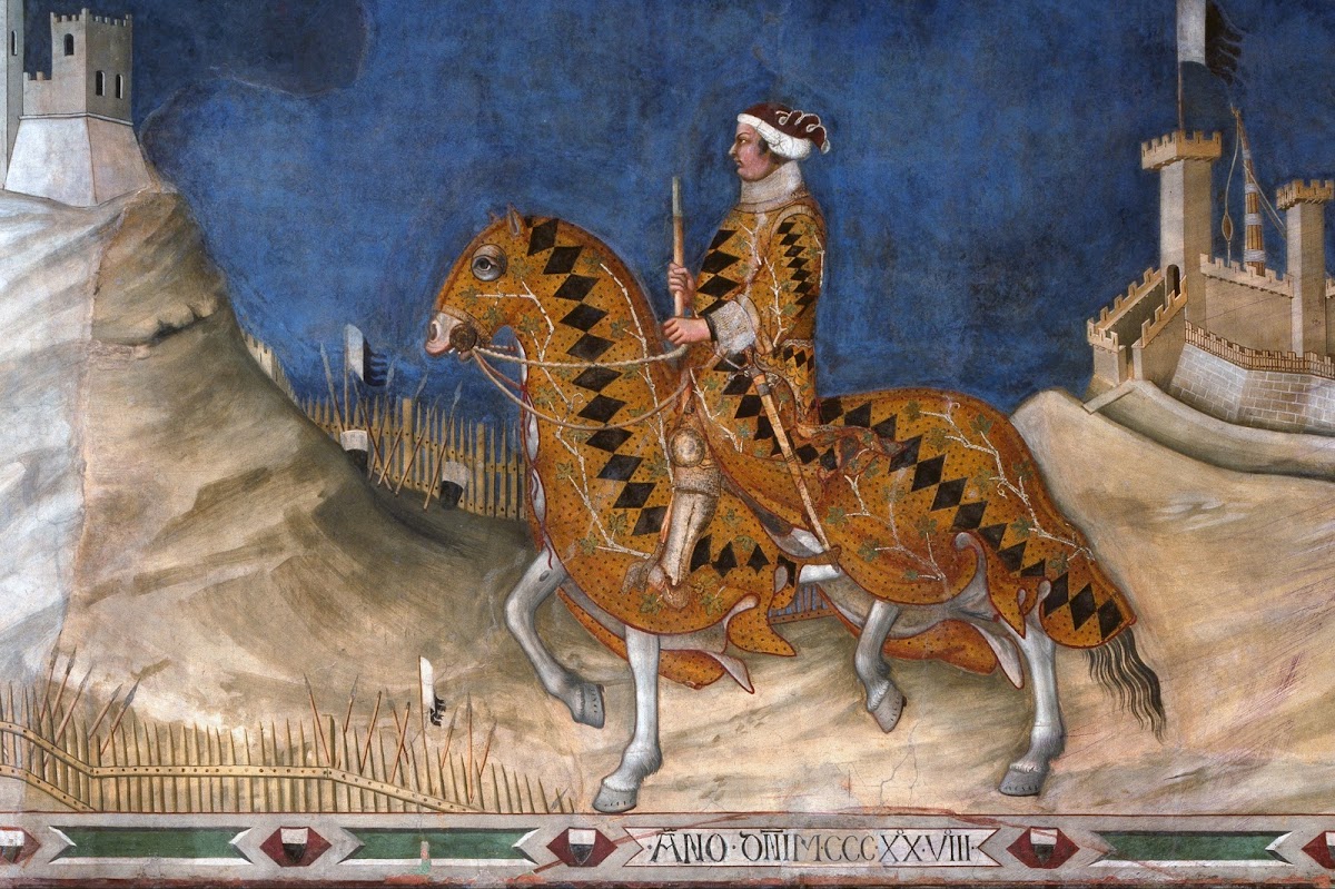 Simone Martini, Guidoriccio da Fogliano all'assedio di Montemassi, 1328-30, Sala del Mappamondo, Palazzo Pubblico, Siena (particolare del condottiere)