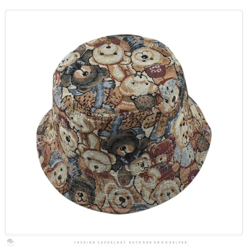 Chapéu de balde plano jacquard de urso fofo infantil moda verão chapéu balde à prova de sol