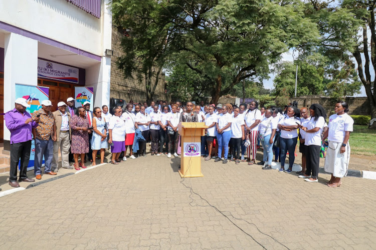 Some of the migrant workers returnees during the opening of the migrant resource center at the COTU offices in Nairobi on March 3,2023.