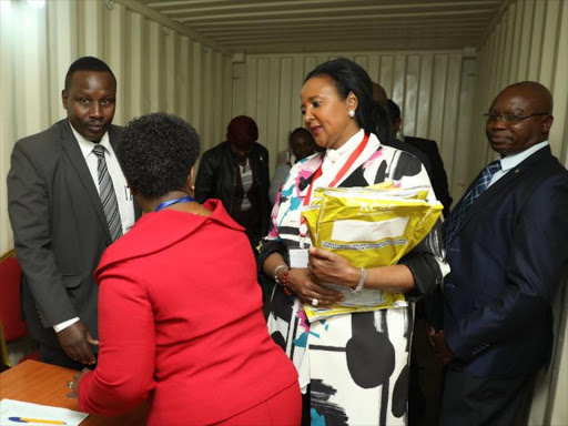 Education CS Amina Mohamed inspects the collection of KCSE papers at Starehe sub-county container, November 26, 2018. /COURTESY