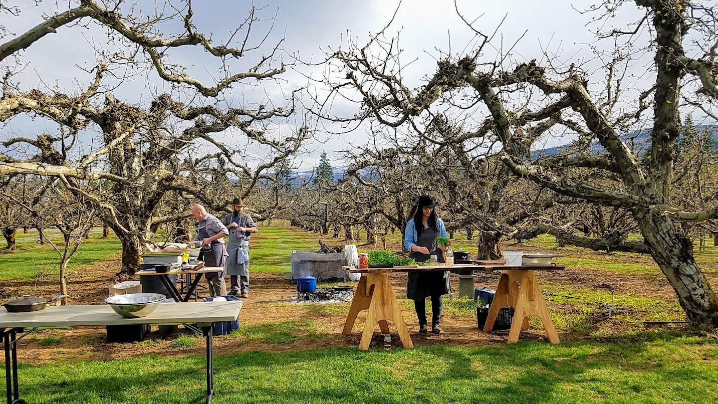 Our Secret Supper Leap Dinner: set at Mt View Orchards in Parkdale, OR, and Tournant provided the open air catering over a firepit