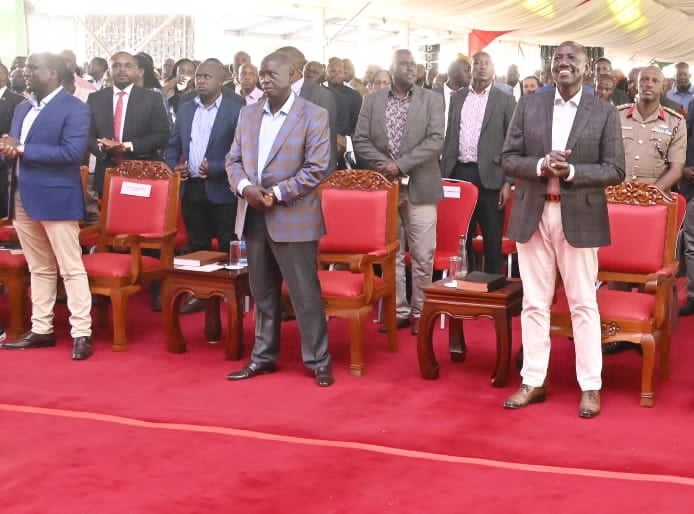 Interior PS Raymond Omollo, Deputy President Rigathi Gachagua and President William Ruto during a thanksgiving ceremony in Homa Bay on July 15, 2023.
