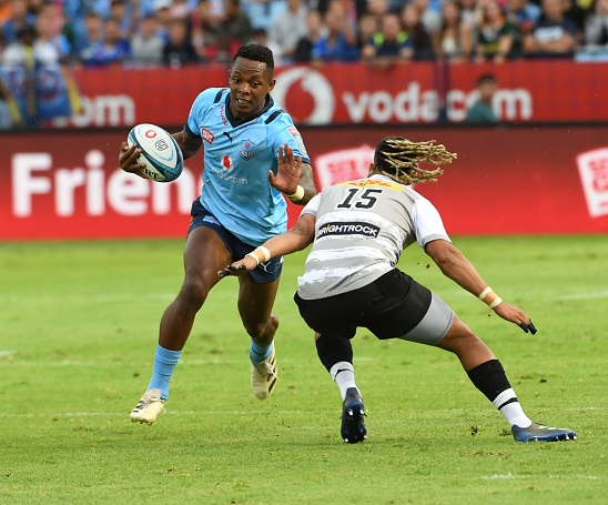Springbok and Bulls winger Sbu Nkosi tackled by Clayton Blommetjies of the Stormers during their United Rugby Championship match at Loftus Versfeld on February 18 2023.