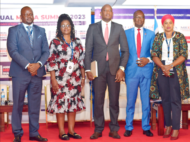 Radio Africa Group Head of content Paul Ilado, WAN-IFRA women in news advisory manager, Africa Susan Makore, Royal Media Service Editorial director Linus Kaikai, Nation media Group, group Editorial director Joe Ageyo, country lead for Internews Kenya Fatuma Sanbur and Prof George Nyabuga of Aga Khan university during the World Press Freedom day summit in Nairobi on May 3, 2023./KEITH MUSEKE