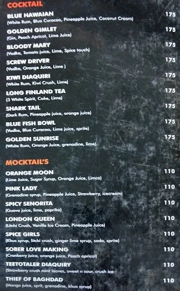 Golden Bar menu 