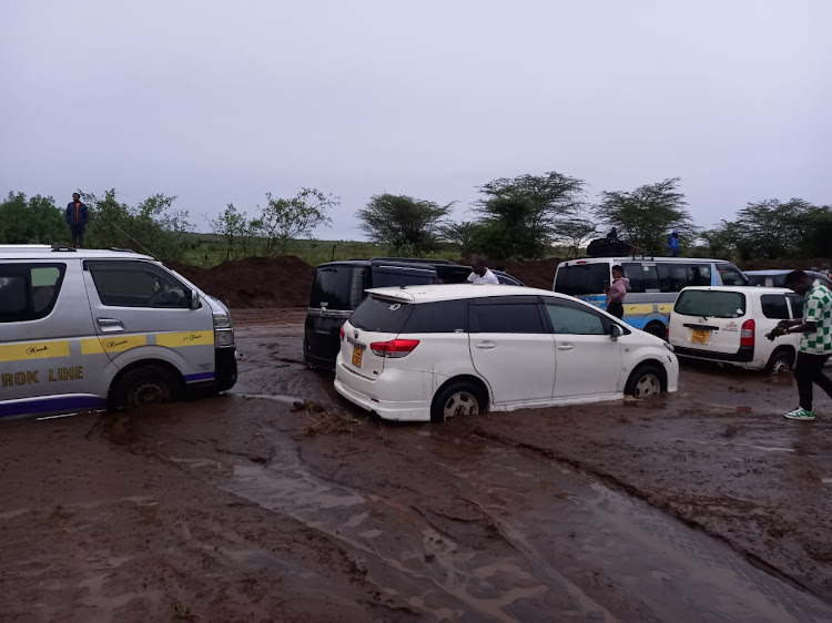 Vehicles stuck in siltation along Mai Mahiu- Narok road on May 7, 2024.