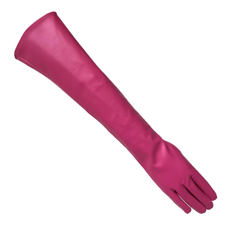 Guantes sexis de leopardo para pantalla táctil, guantes de invierno para mujer, PU negro, 50cm de largo, cuero de simulación