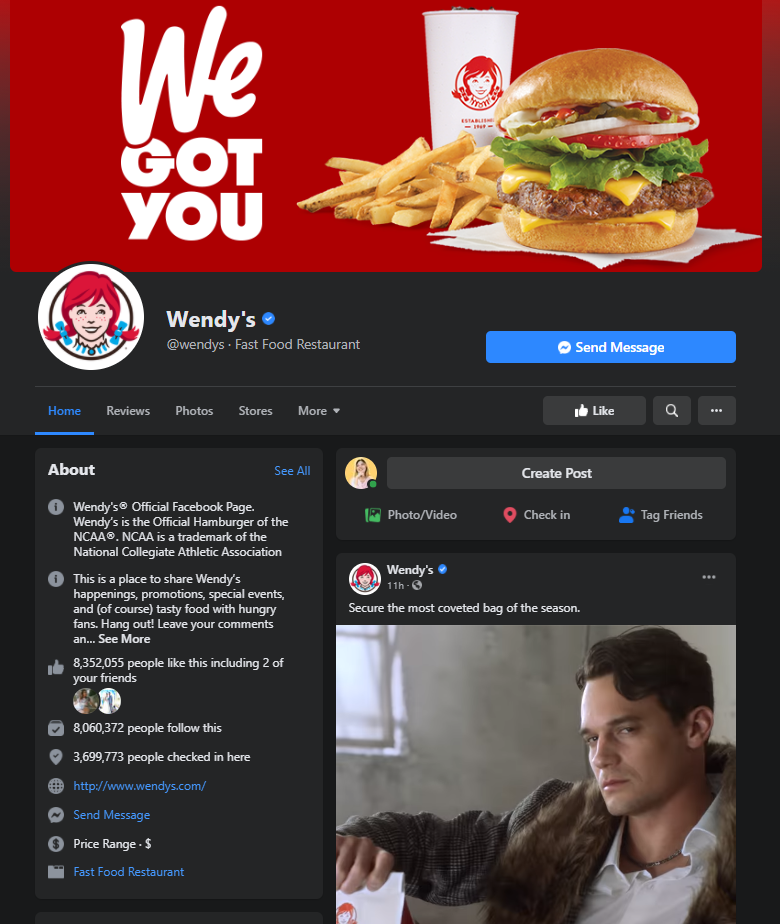 wendy's facebook page example