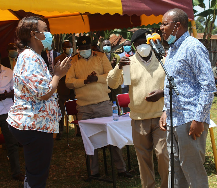 Health CAS Mercy Mwangangi and Othaya MP Gichuki Mugambi during laying a foundation stone for KMTC-Othaya building at Kiri-ini vllage in the outskirts of Othaya town on Friday, October 9.