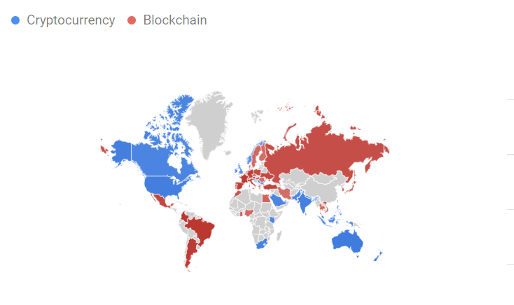 Comparison between terms Cryptocurrency and Blockchain on Google Trends