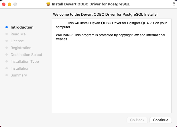 Devart ODBC driver for PostgreSQL package installer for Mac OS X.