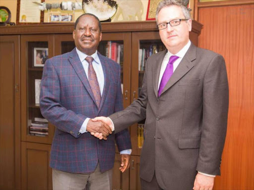 NASA flag bearer Raila Odinga during his meeting with British High Commissioner Nic Hailey, May 23, 2017. /ODM