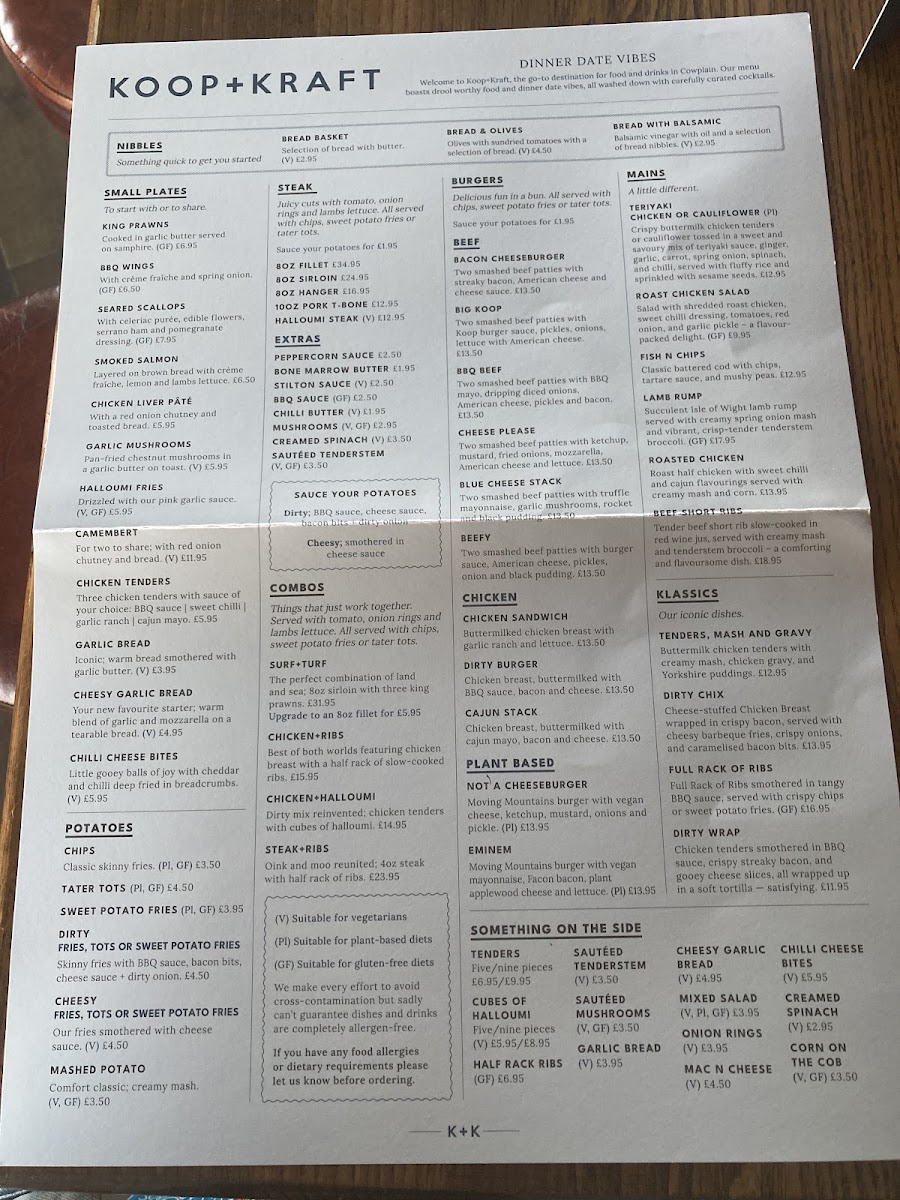 Koop+Kraft gluten-free menu