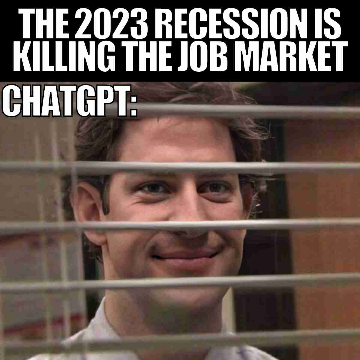 Caption: The 2023 recession is killing the job market. ChatGPT: 

Picture of Jim from the office staring through the blinds with a smile on his face.