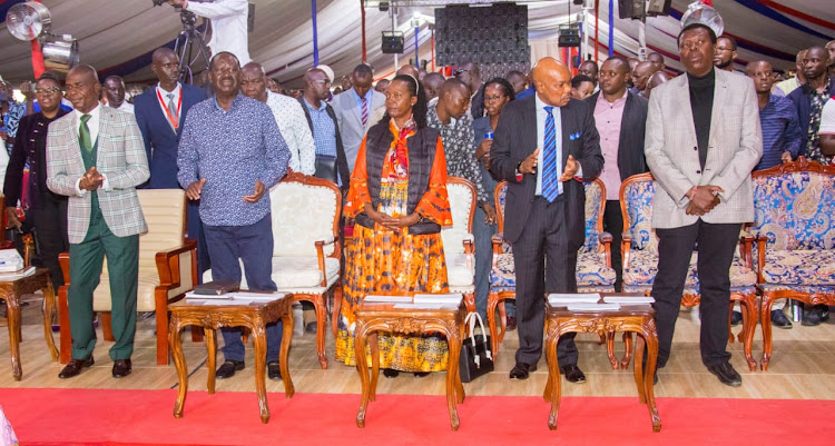 Azimio leader Raila Odinga attends Sunday church service at JTM on March 26, 2023.