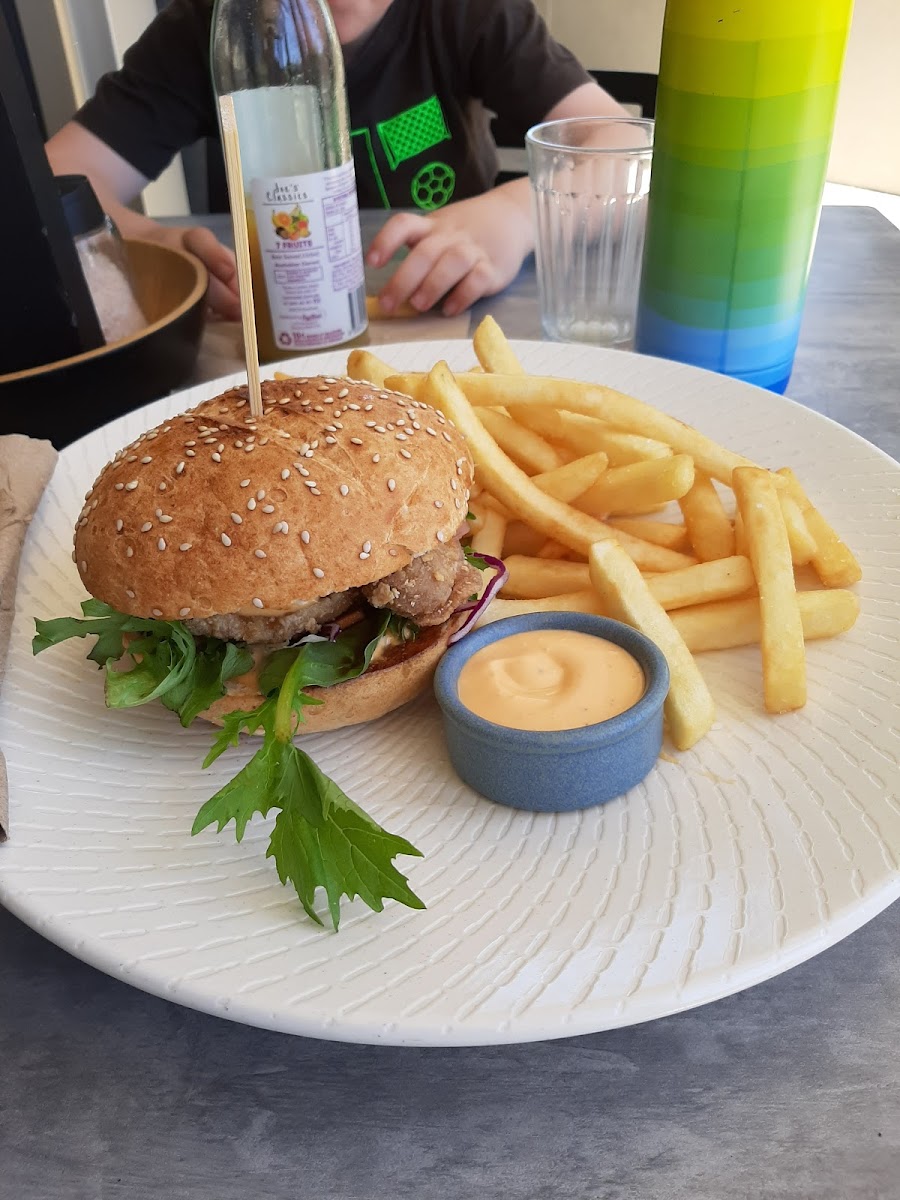 Gluten free crispy honey soy burger & chips. So good!