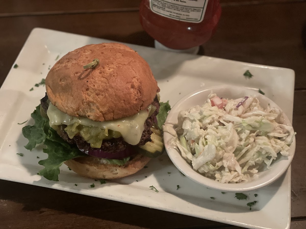 GF bun and green chili burger with jalapeño coleslaw YUM