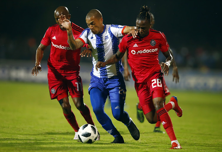 Maritzburg United midfielder Miguel Timm is sandwiched by Orlando Pirates' right-back and Mthokozisi Dube (R) and winger Luvuyo Memela during a 1-0 Absa Premiership win at Harry Gwala Stadium on April 24 2019.