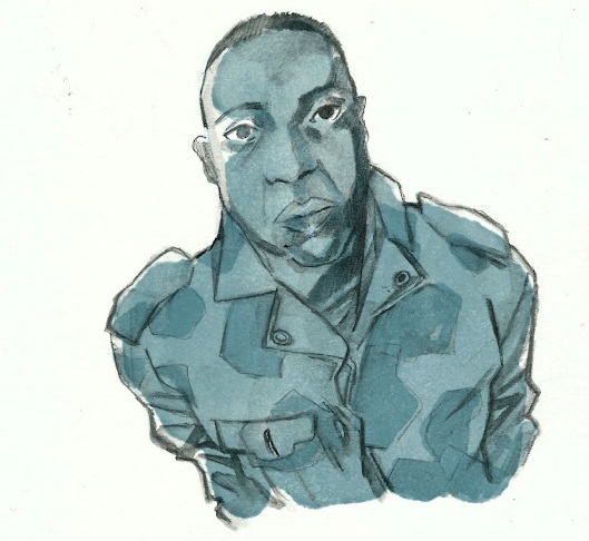 A sketch of Alieu Kosiah, who went by the nom de guerre 'Bluff Boy' in the rebel Ulimo faction that fought former Liberian president Charles Taylor's army in the 1990s.