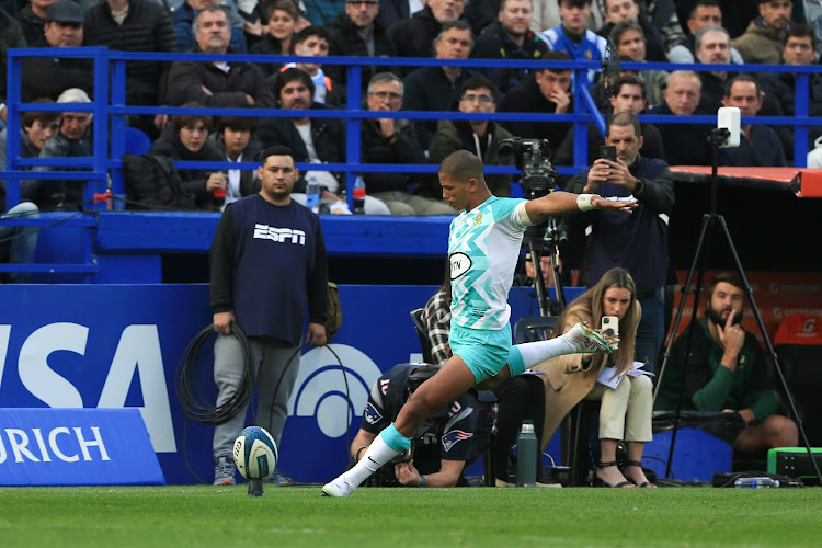 Manie Libbok kicks a conversion during the Springboks' clash against Argentina at Jose Amalfitani Stadium on Saturday night.