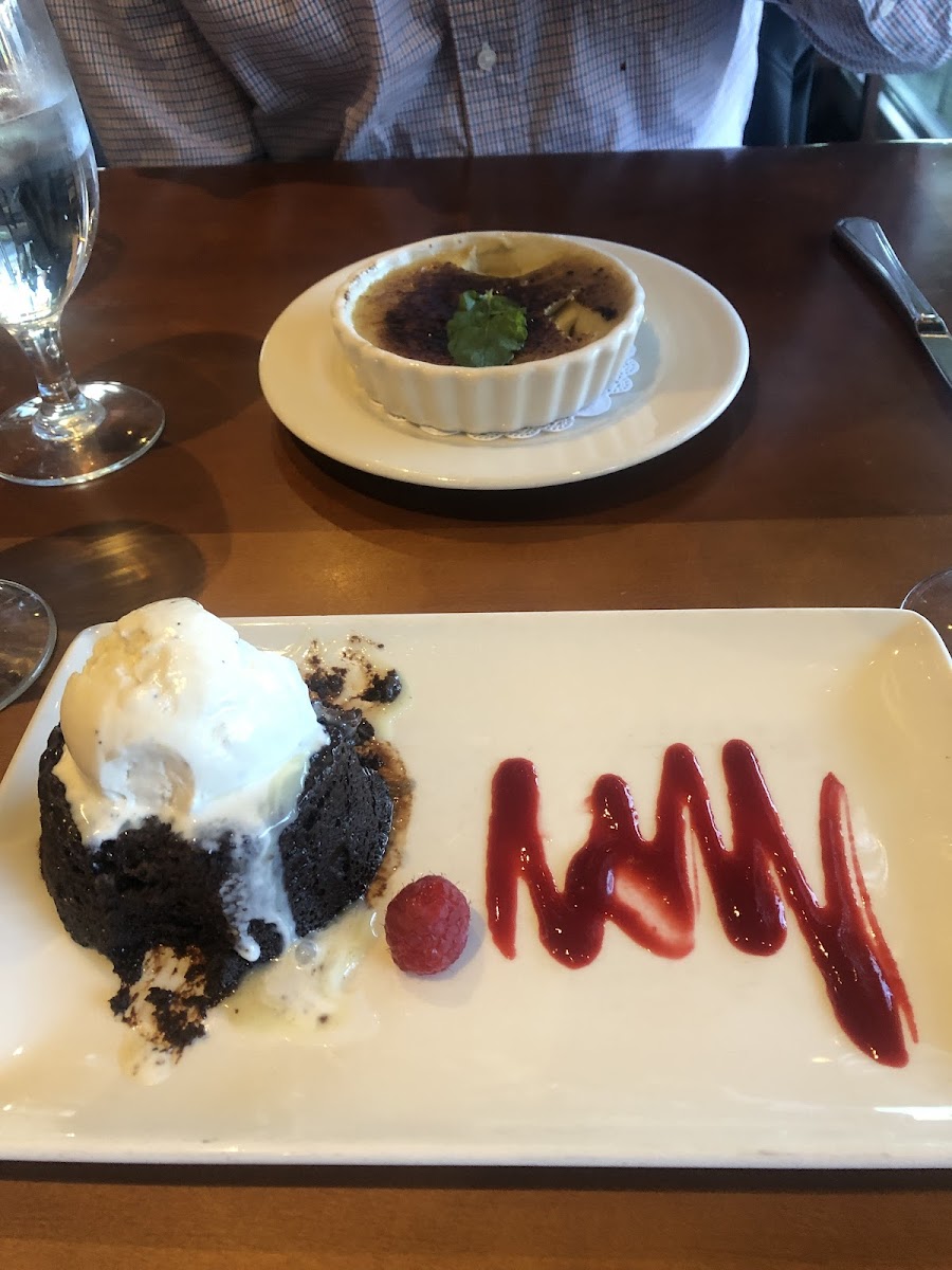 Flourless chocolate cake, and coffee crème brûlée