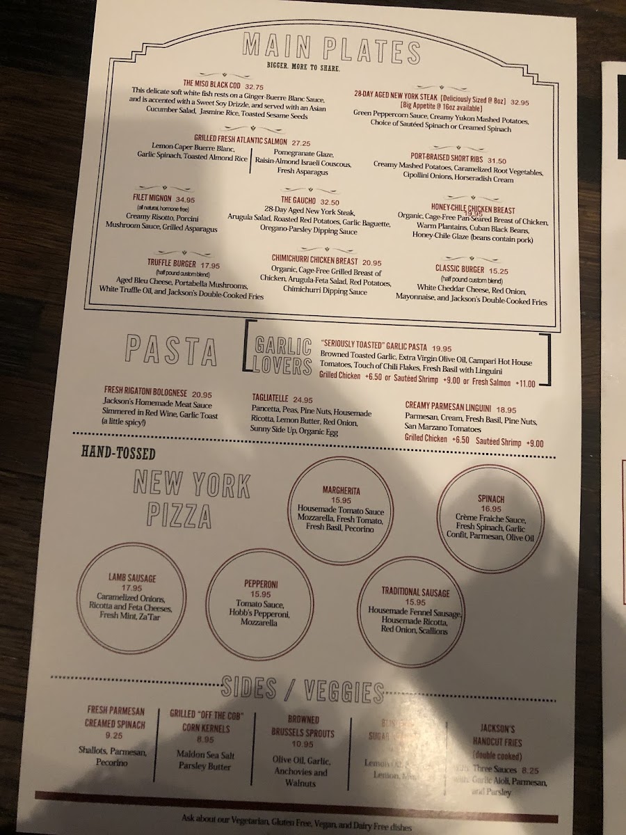 Jackson Food and Drink gluten-free menu