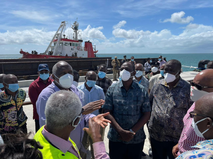 Treasury CS Ukur Yatani during the inspection tour on Thursday on the ongoing construction works at the Port of Lamu. He was accompanied by Petroleum and Mining CS John Munyes.