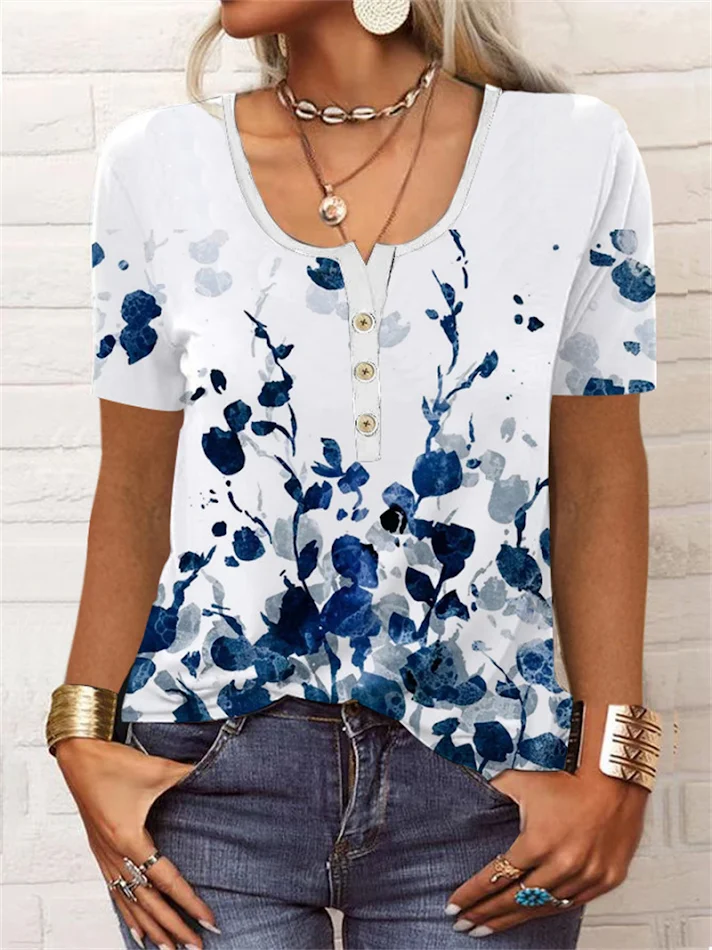 T-shirt d'été ample à manches courtes, motif floral géométrique, col en U et boutons, parfaite pour un look décontracté et estival.