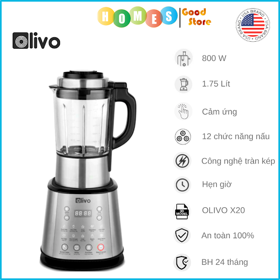 Máy Nấu Sữa Hạt, Máy Làm Sữa Hạt Olivo X20 Thương Hiệu Mỹ, 12 Chương Trình Nấu Cài Sẵn Dung Tích 1.75 Lít Công Suất 800 W - Hàng Chính Hãng