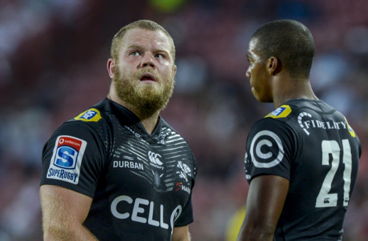 Akker van der Merwe (L) of the Sharks during the Super Rugby match againstthe Emirates Lions at Emirates Airline Park on February 17, 2018 in Johannesburg, South Africa.