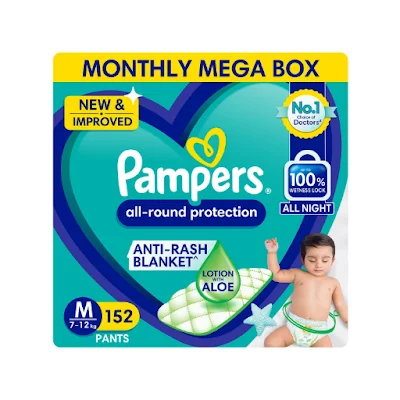 Pampers All Round Protection Pants, Medium Size Baby Diapers (MD) Anti Rash Diapers, Lotion With Aloe Vera 152 Pc