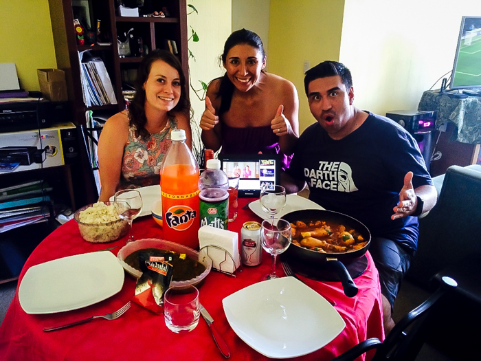 eating homemade food with my airbnb hosts and friends in chile santiago