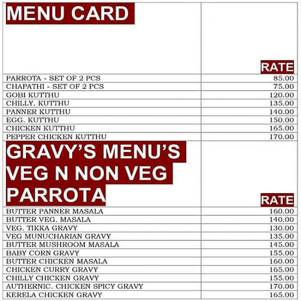 Parrota Paradise menu 