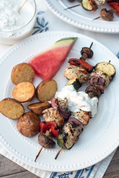 Grilled Greek Chicken Kabobs With Feta Dill Sauce