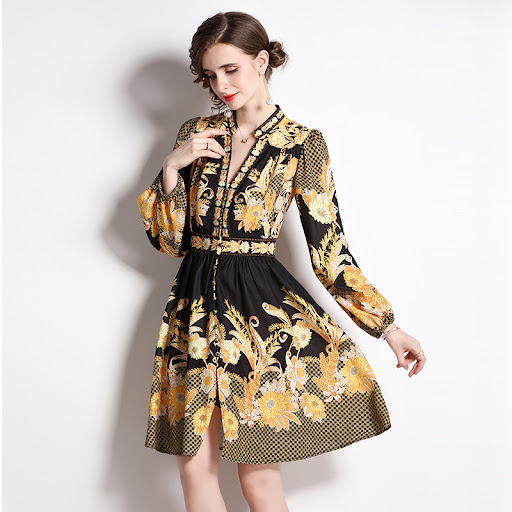 Title 6, Vintage Printed Lantern Sleeve V-neck Tight Wai...