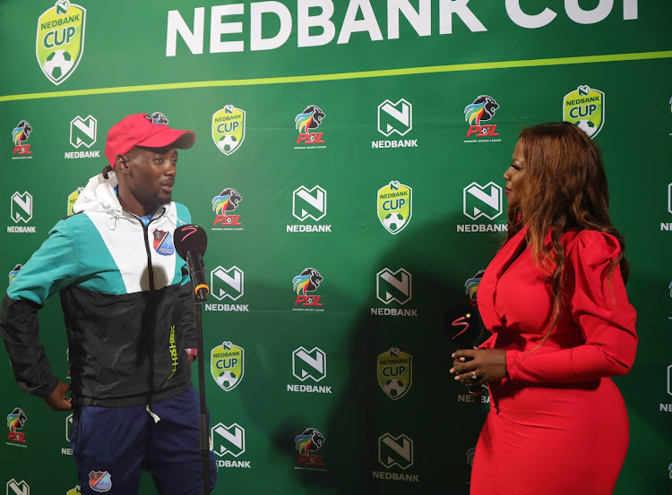 Mathaithai FC head coach Morena Lothane speaks during his post-match TV interview after the last-16 Nedbank Cup clash against Mamelodi Sundowns at Lucas Moripe Stadium in Atteridgeville.