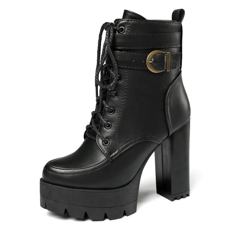 Gdgydh Bottines femme à talons hauts plateforme épaisse, fermeture éclair et lacets, style motard, bout rond, vente chaude.