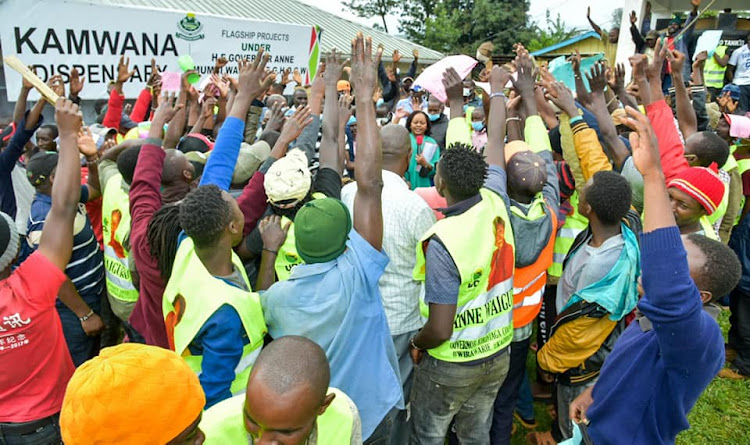 Kirinyaga county governor Anne Waiguru addressing county residents during the official opening event of the Kamwana hospital in Gichugu, Kirinyaga