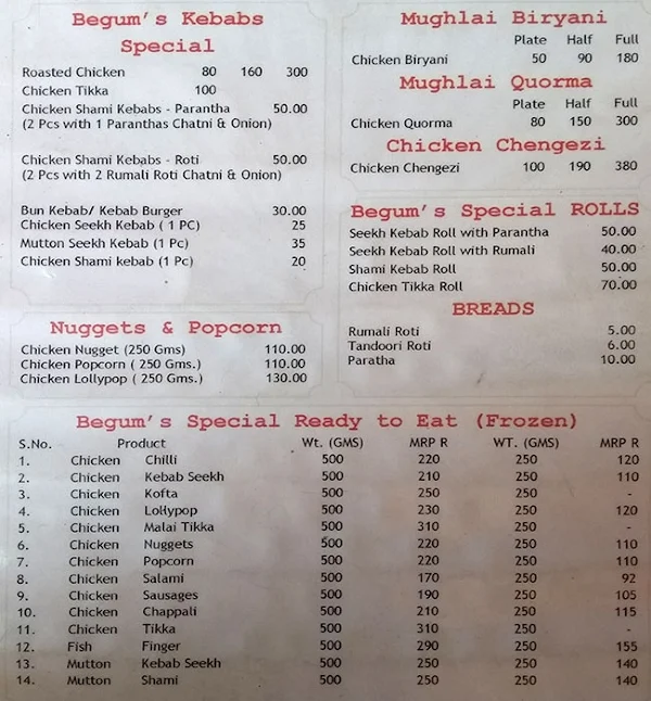 Begum's menu 